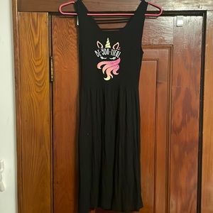 Kids black sleeveless dress with unicorn